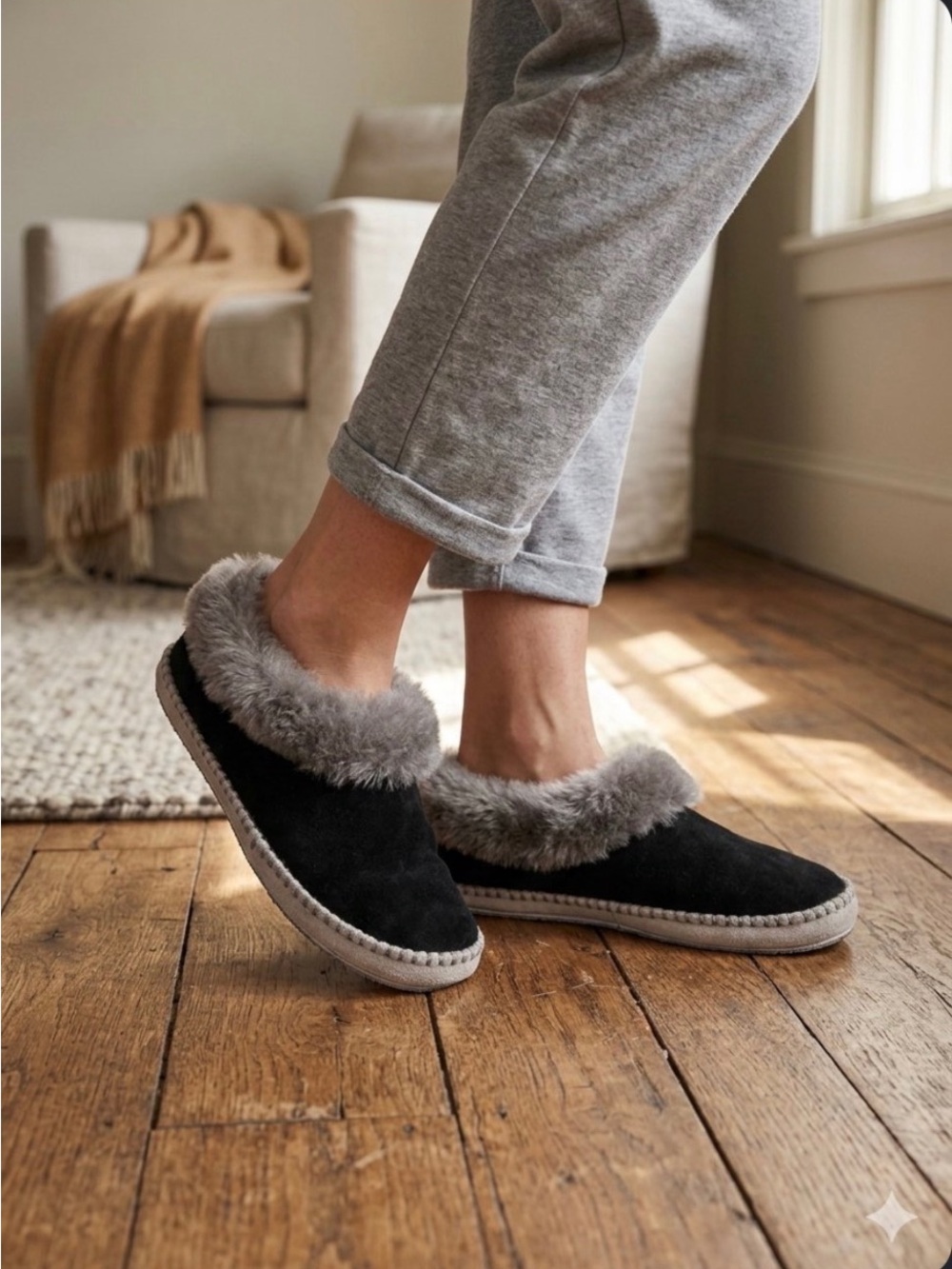 UGG Black Suede Slip-On Slippers with Gray Faux-Fur Collar